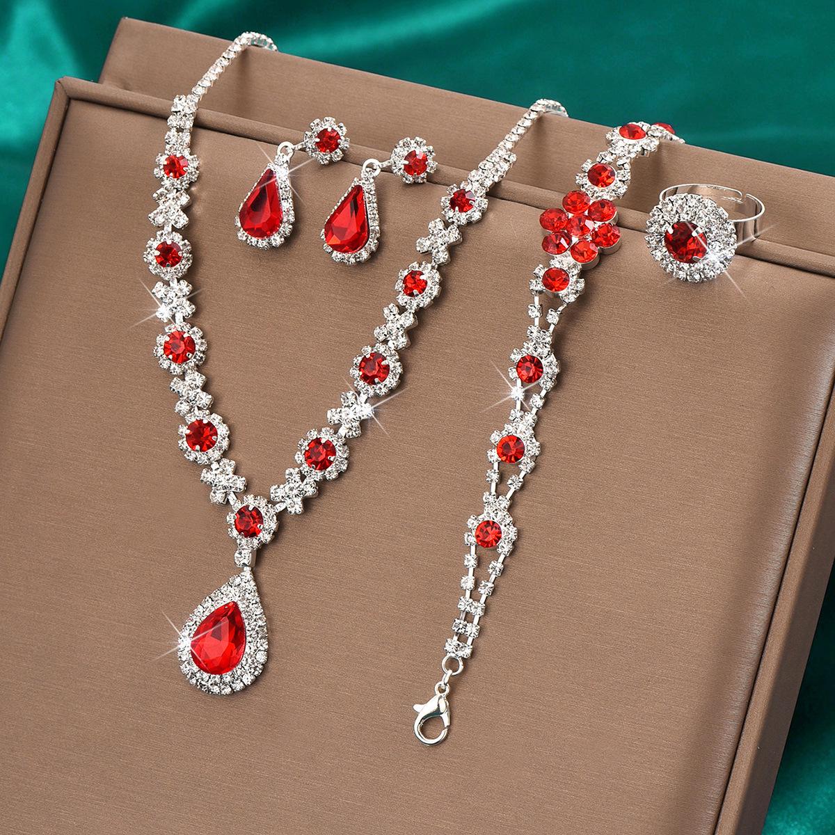 

Элегантный комплект украшений из хрустальных драгоценных камней: Ожерелье, серьги, браслет и кольцо в форме капли для женщин