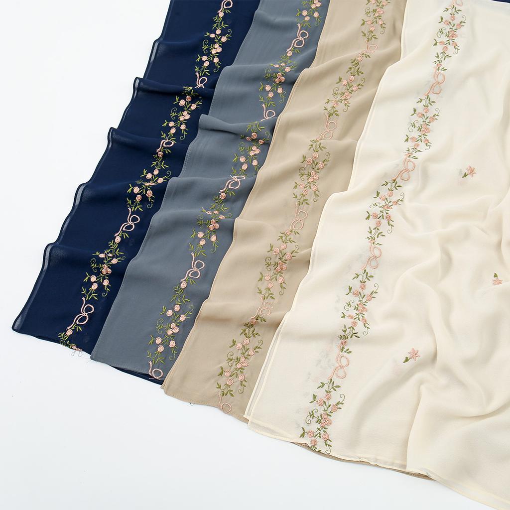Woman Muslim Chiffon Hijab Scarf Ramadan Long Shawl Floral Embroidery Fashion Islam Solid Turban Headscarf Headwrap170*70cm
