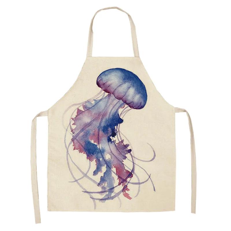 Ocean Animal Whale Jellyfish Pattern Cleaning Aprons Home Cooking Apron Cooking Linen Bibs Waist Baking Kitchen Aprons Delantal