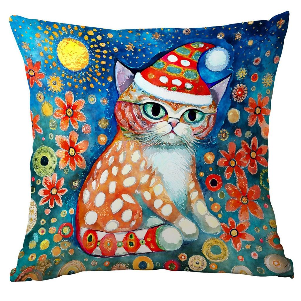 New Cartoon Christmas Pillowcase Christmas Watercolor Cat Creative Watercolor Holiday Home Pillow Pillowcase