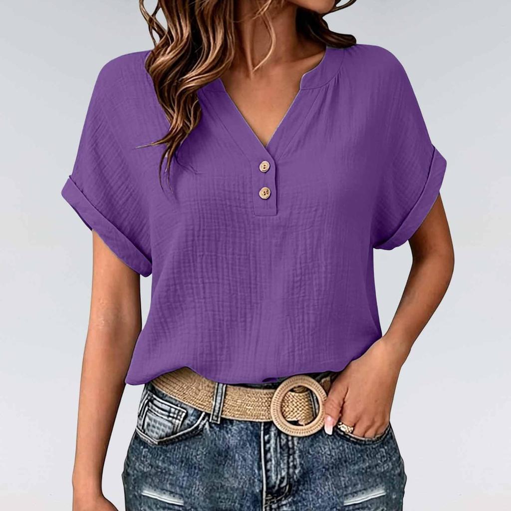 Women's V-Neck Short Sleeve Button Front Crinkle Fabric T-Shirt with Rolled Hem