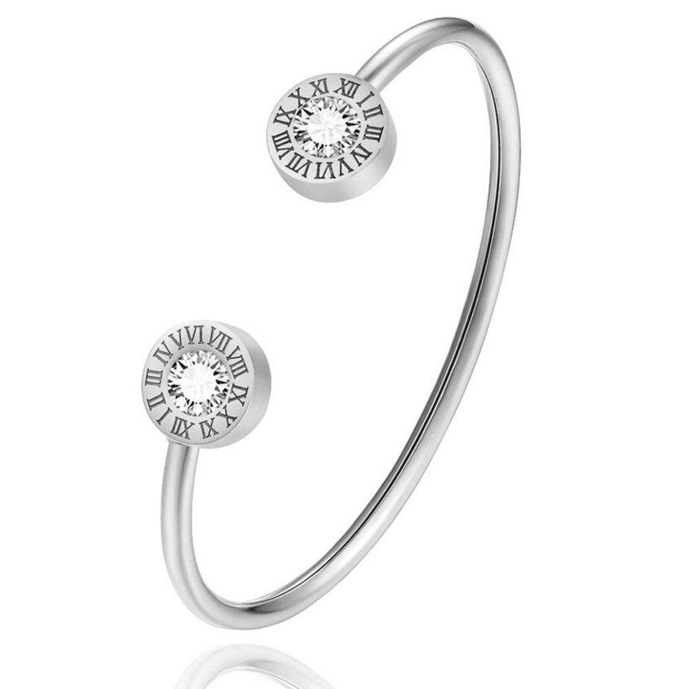 Titanium Steel Roman Numeral Bracelet with Adjustable Opening, Female Stainless Steel C-shaped Diamond-encrusted Bracelet, Daily 56-58mm серебряный