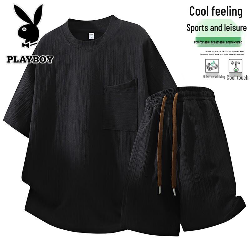 Playboy Men s Ice Silk Sporty Casual T-shirt & Shorts Set M