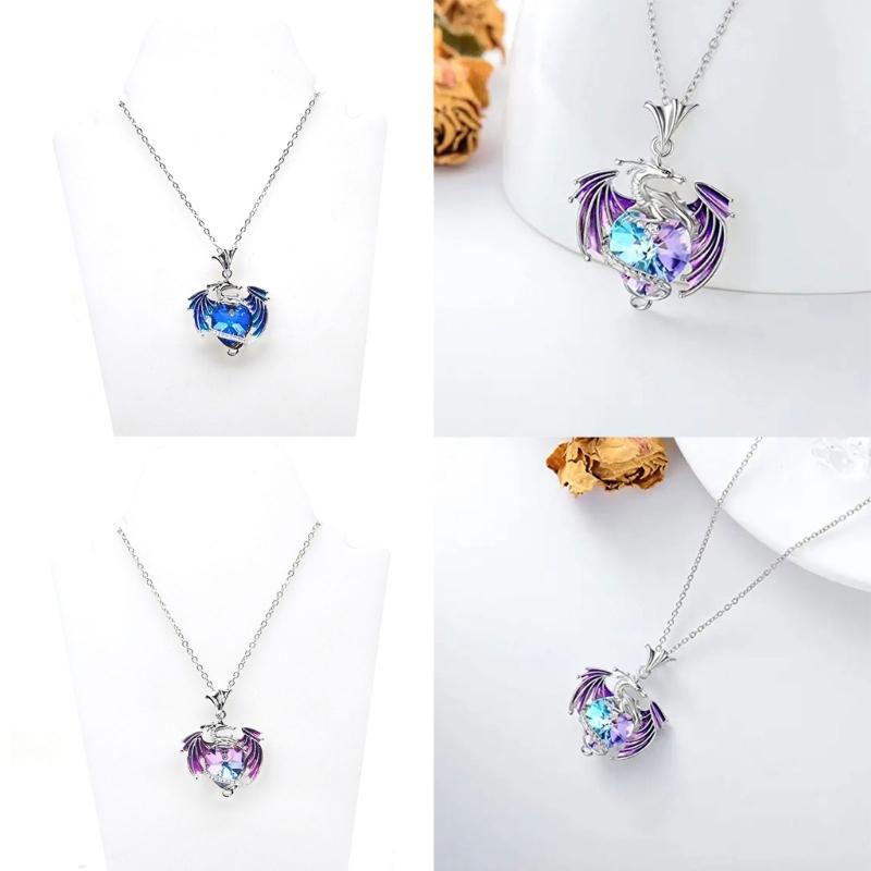 Heart Charm Clavicle Chain Fantasy Crystal Flying Dragon Necklace Jewelry