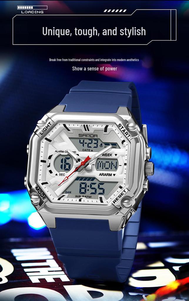Sanda Men's Multifunctional Waterproof Electronic Watch - Trendy Timer with Dual Display & Three-Time Zone Outdoor Alarm.