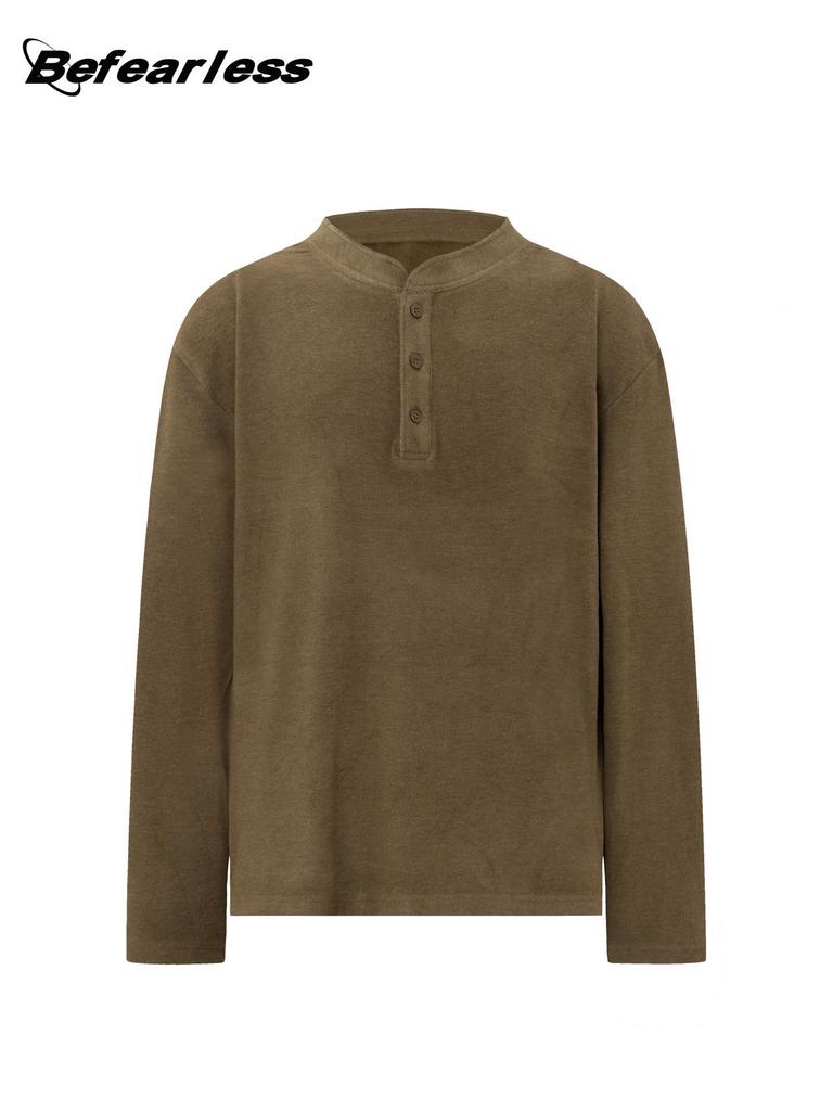Unisex Retro Wool Henley Long Sleeve T-Shirt - Loose Fit Autumn Base Layer