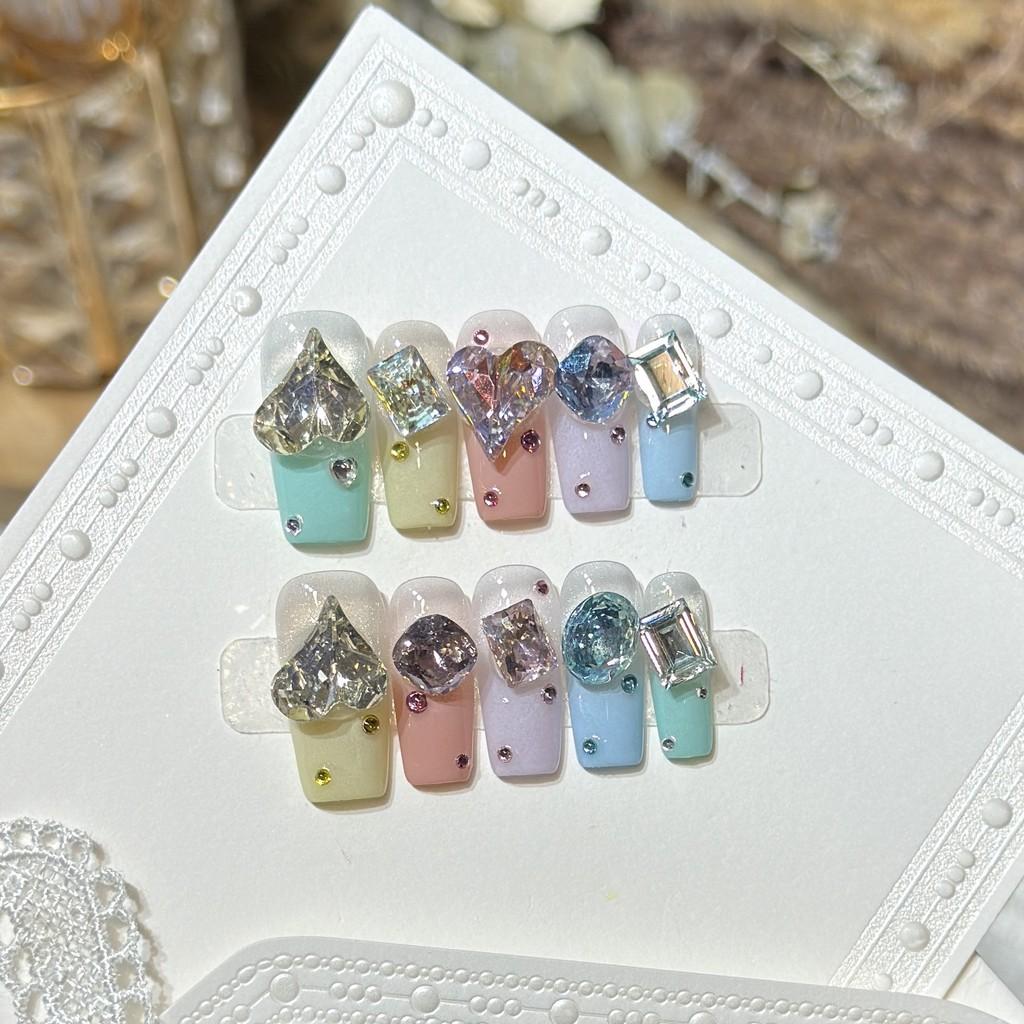 

[5in1 Toolkit+HANDMADE]Handmade Press On Nail Spring Summer Fresh Colorful 3D Diamond Shining Long Square Fake Nail Patch Artificial Nail Reusable XS