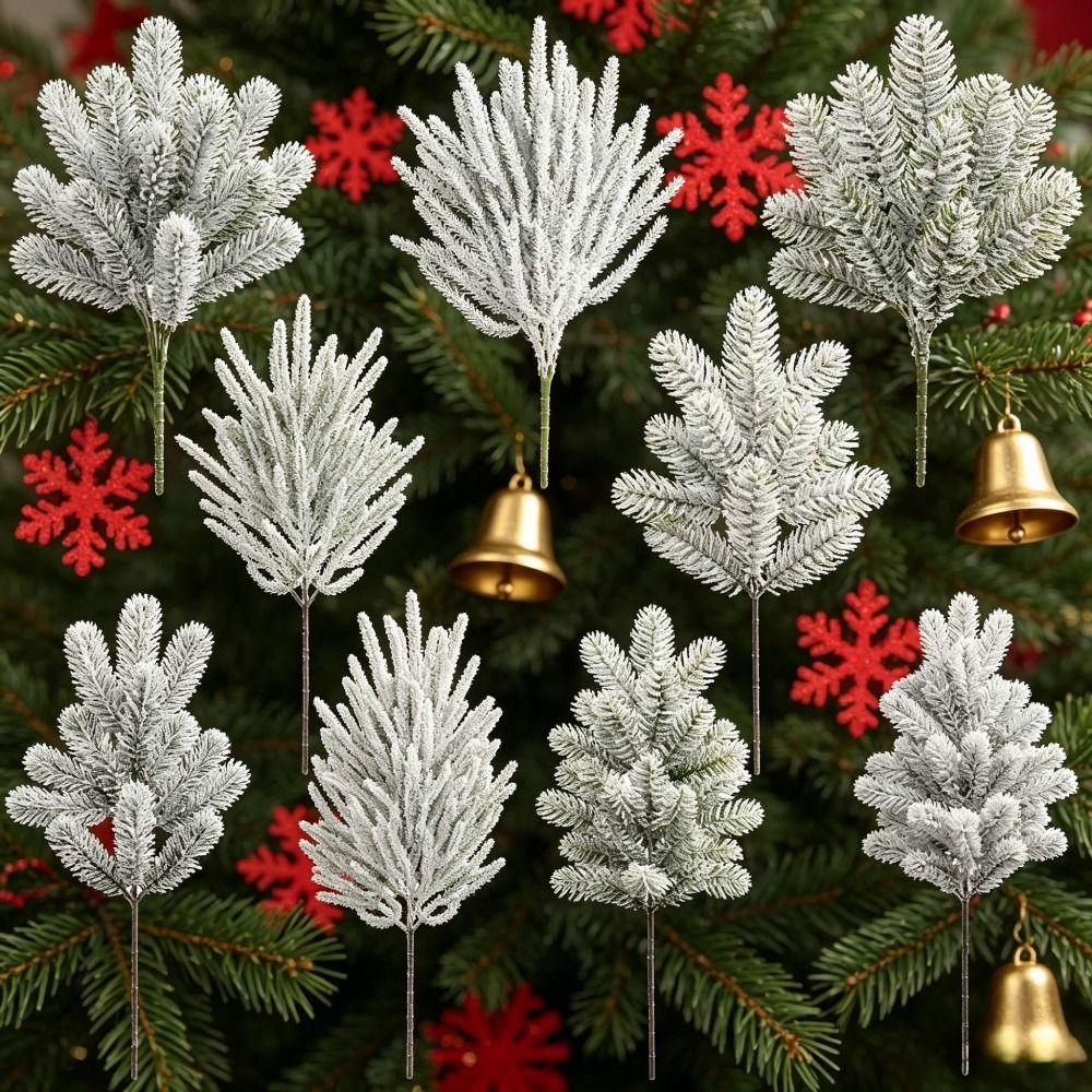 Flocking Snowflake Artificial Pine Branches White Plastic Simulation Ceder Branches DIY Wreath Photo Props Christmas Pine Stem