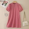 ZANZEA Women Casual Stand Collar Short Sleeve Loose Grid Print Dress