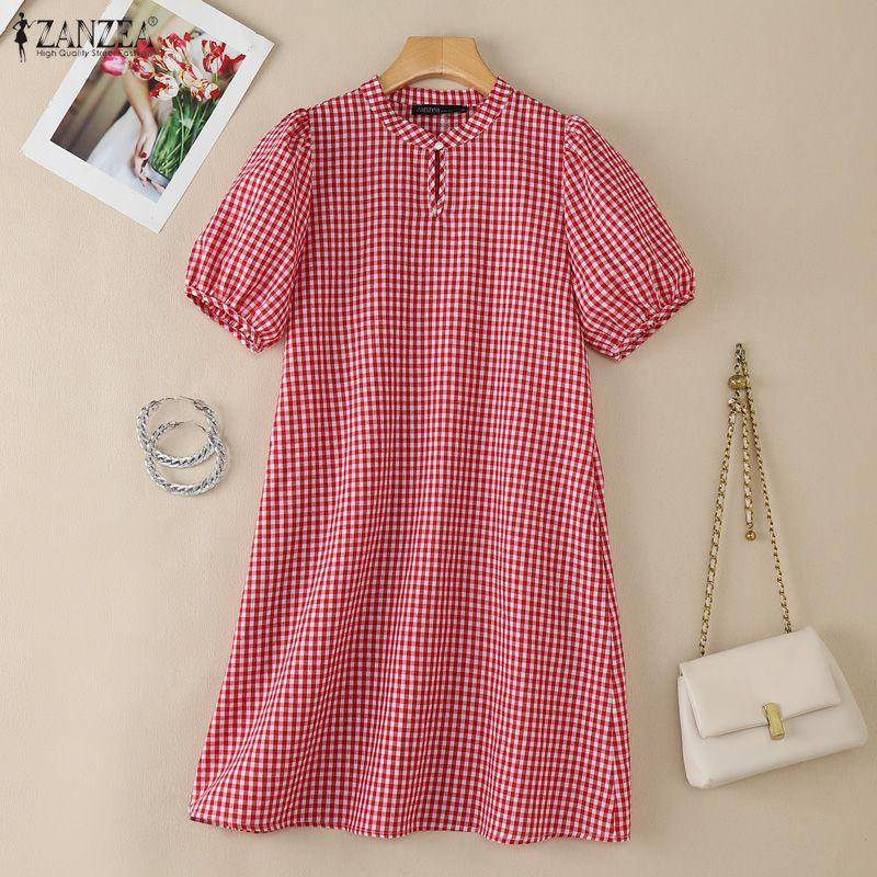 ZANZEA Women Casual Stand Collar Short Sleeve Loose Grid Print Dress