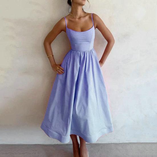 Ladies Evening Dress Tight Waist Sleeveless Backless Sling Low-cut Pleated A-line Big Hem Princess Style Solid Color Strappy Dress