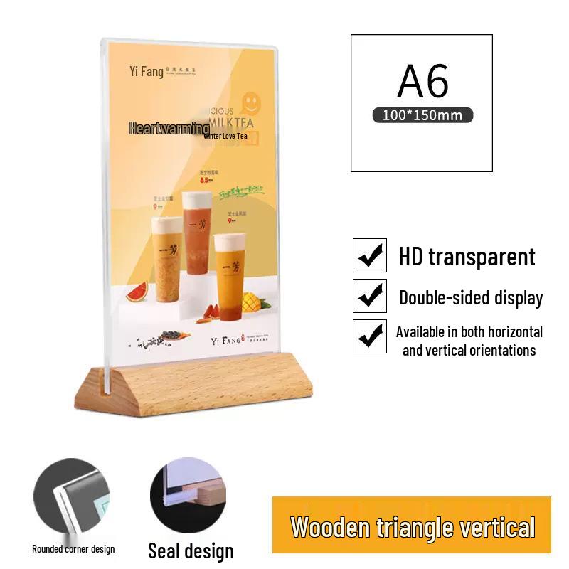 Acrylic A4 Table Card Display Stand with Solid Wood Base for Price Lists & Menus