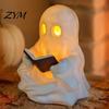 Halloween Room Decor Cute Ghost Reading Book Lamp, Lighted Figurine with Warm LED Night Light Light, for Mantel Shelf Table Indoor Home Nighttime