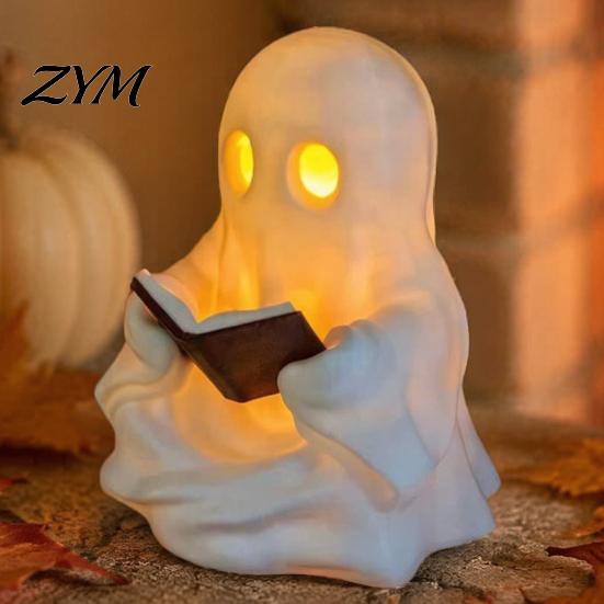 Halloween Room Decor Cute Ghost Reading Book Lamp, Lighted Figurine with Warm LED Night Light Light, for Mantel Shelf Table Indoor Home Nighttime