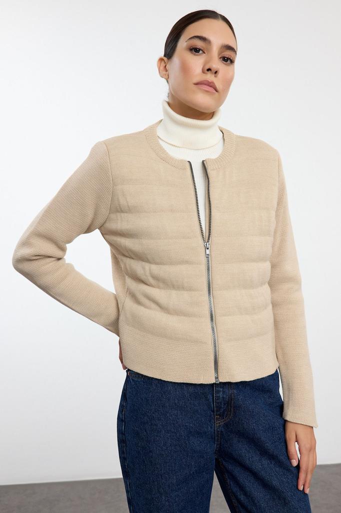 Women's Fashionable Stylish Cardigan Navy Blue Crew Neck Zippered Coat Look Knitwear Cardigan