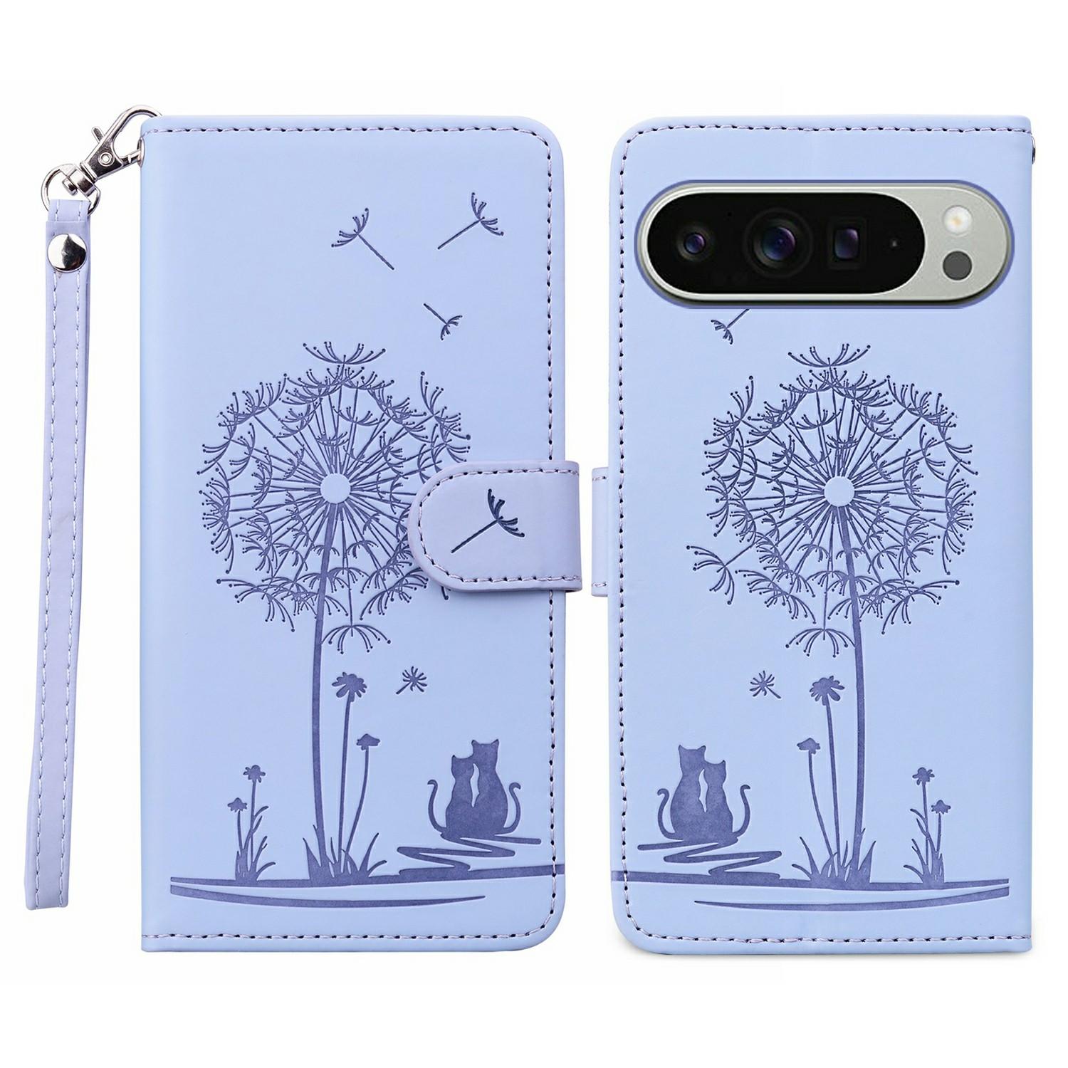 

For Google Pixel 9 Pro XL Case Cat Dandelion Imprint PU Leather Wallet Phone Cover with Strap E