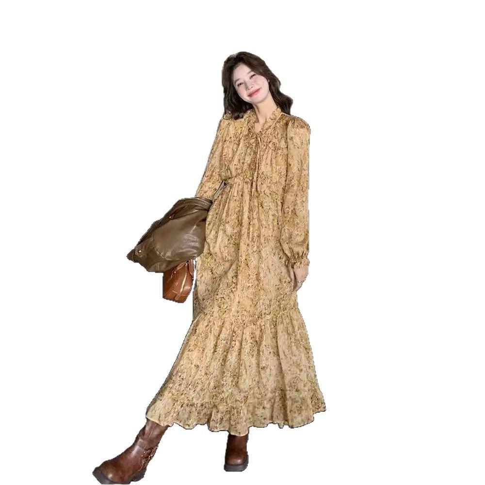French retro fungus edge floral dress women's spring and autumn new Korean version temperament thin age-reducing dress