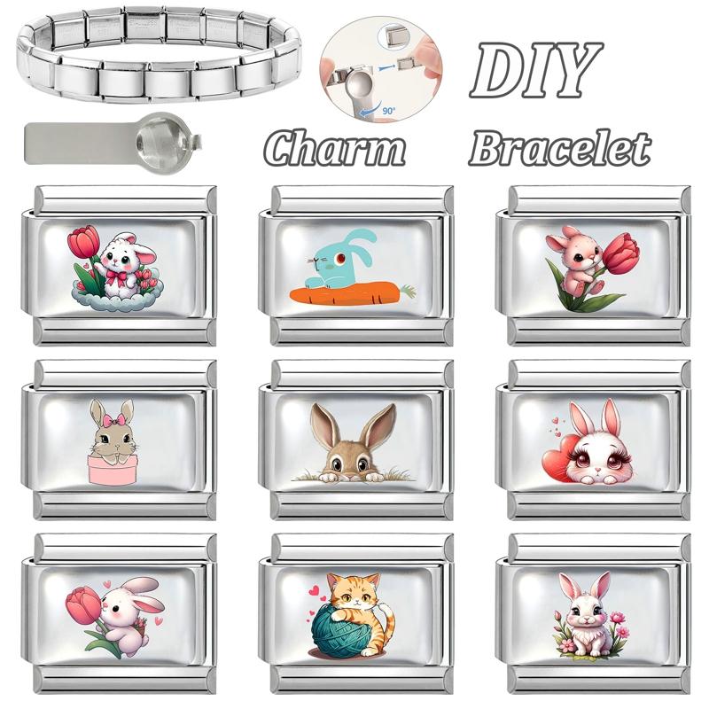 1PC Creative Personalized Tulip Lovely Cats Rabbit Star Heart Italian Charm Fit 9MM Stainless Steel Bracelet DIY Making Gift