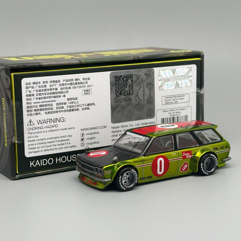 Kaido House MINIGT Datsun KAIDO 510 Wagon OG Flo Yellow chrome alloy car Model 164