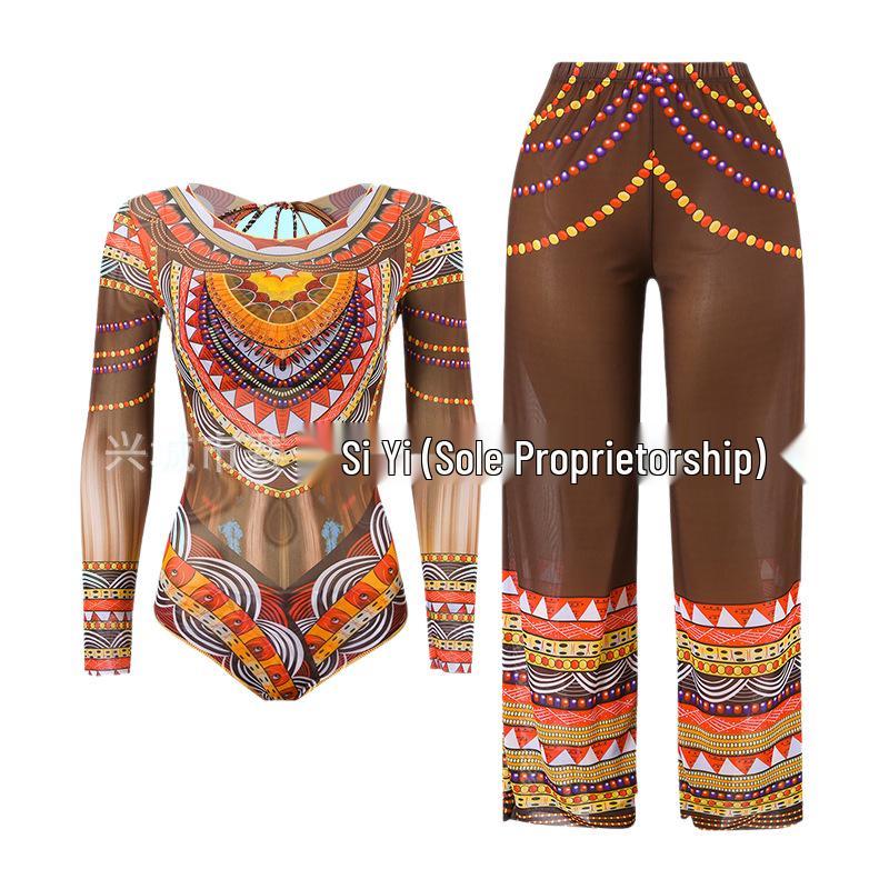 Costume da bagno intero da donna a maniche lunghe in rete con protezione solare e pantaloni