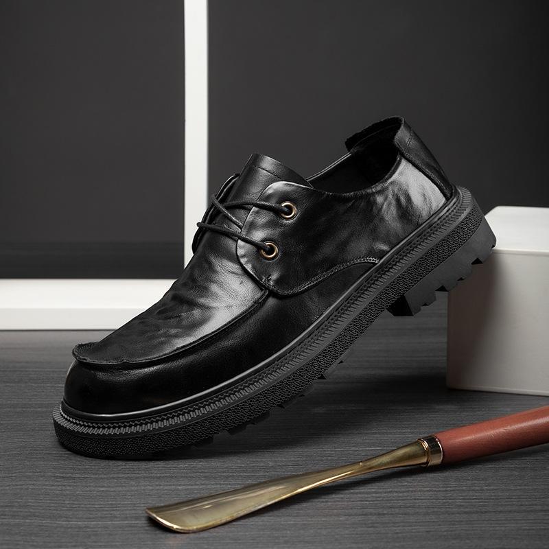 Autumn men's shoes leather round head breathable retro British style casual leather shoes business lace-up platform trend single shoes men