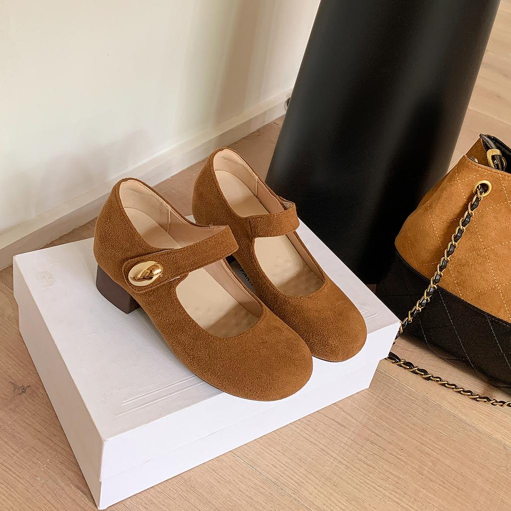 Height-increasing small golden beans thick-heeled single shoes women's autumn new retro versatile suede soft-soled Mary Jane shoes