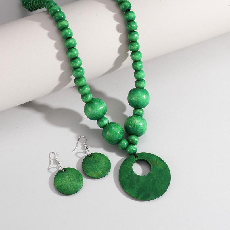 Trendiges handgefertigtes Holzperlen-Halsketten- und Ohrring-Schmuckset - Damen-Accessoires