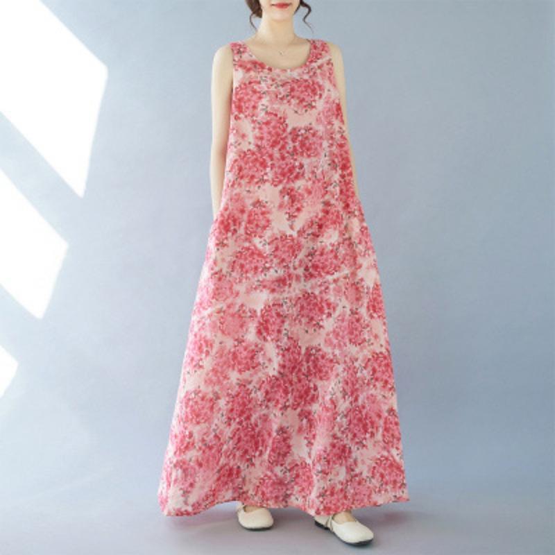 Summer Plus Women's Retro Artistic Loose Print Sleeveless Cotton Linen Dress Vest Suspender Casual Dresses