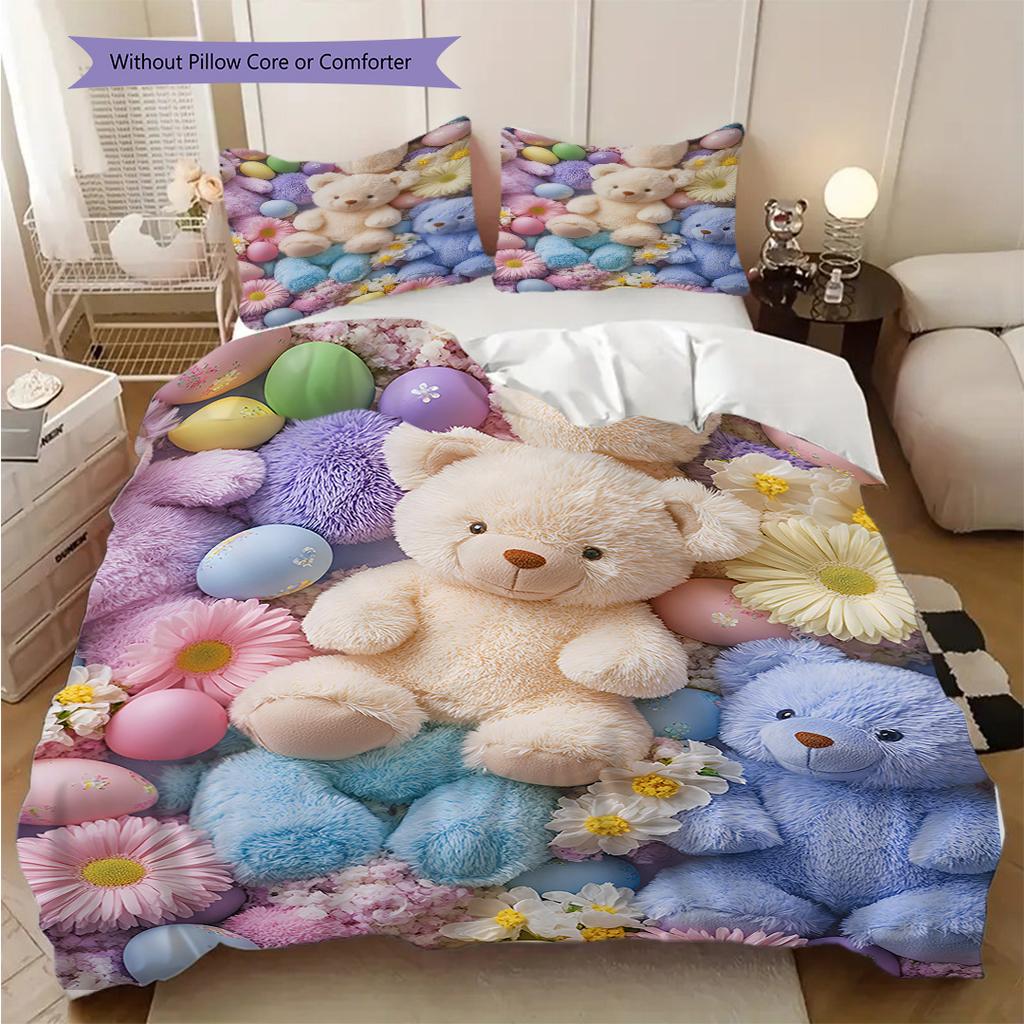 Teddy Bear Pattern Bedding Quilt Set Quilt Cover Pillowcase Home Decoration Birthday Gift (1 * duvet cover + 2 * pillowcase, without core)