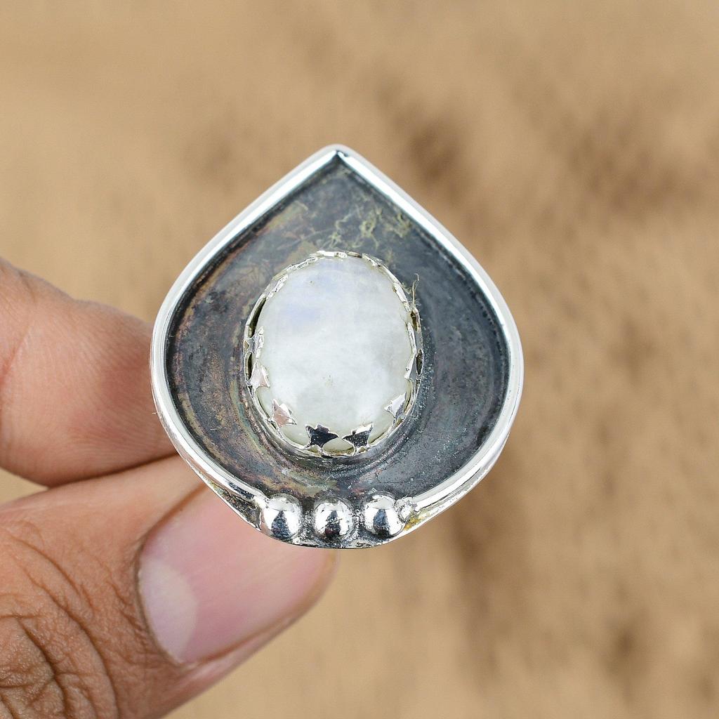Oval Natural Rainbow Moonstone Handmade Crown Chakra New Ring Sterling Silver