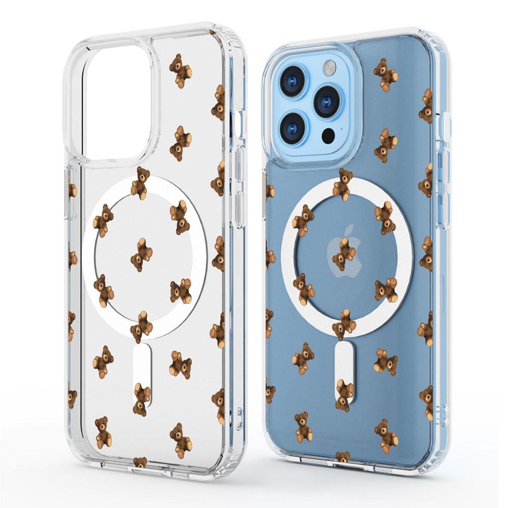 Cartoon Bear Magnetic Transparent Full Coverage Case for iPhone 15/16/17 Pro Max