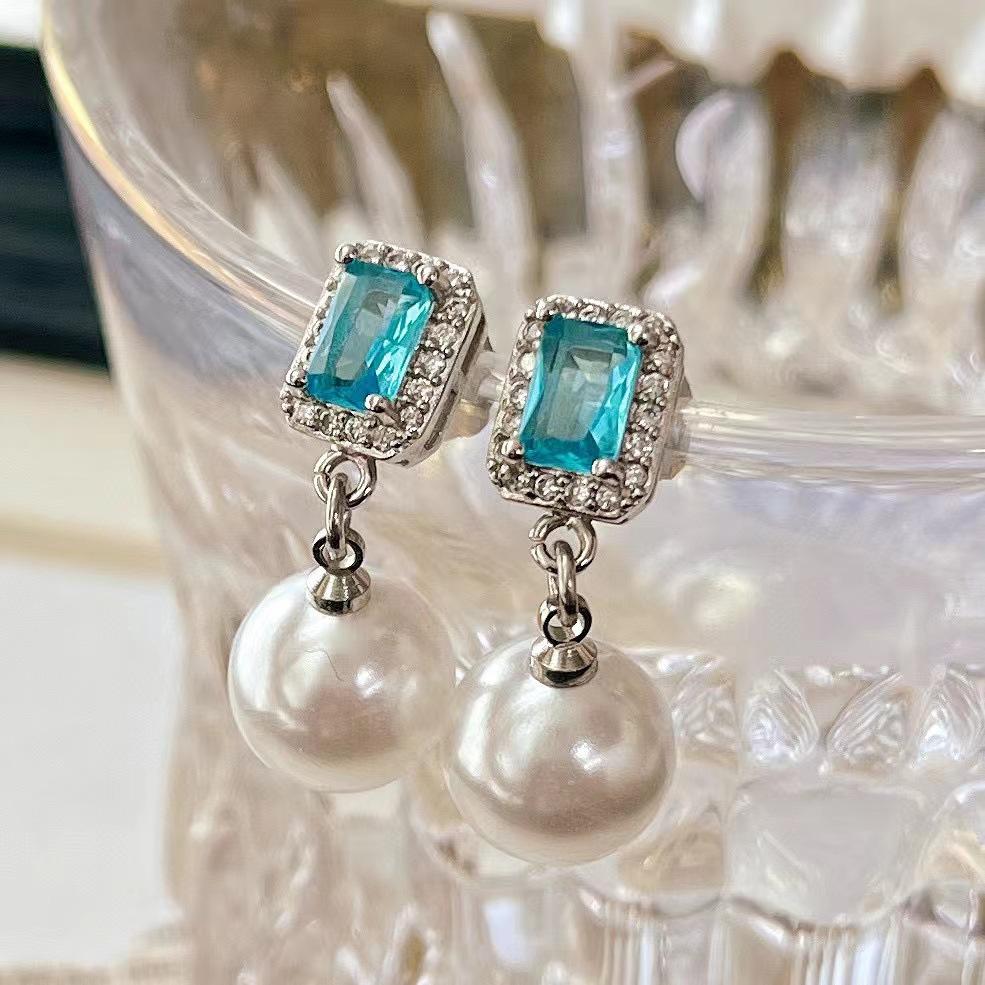 Retro High Quality Artificial Australian White Pearl Earrings Aquamarine Stud Earrings