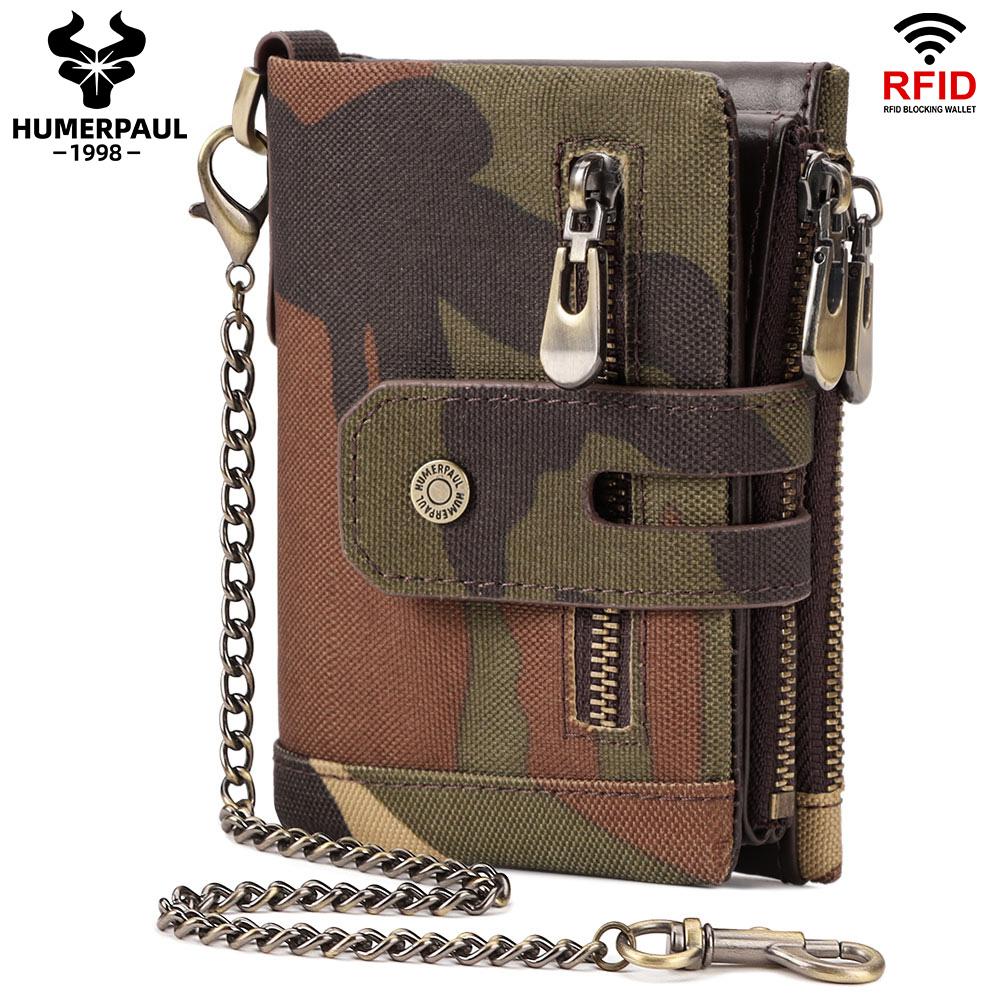 Humerpaul Men's Green Cowhide Wallet Oxford Cloth Rfid Anti-Theft Credit Card Bag Coin Purse With Chain Wallet With Photo Window