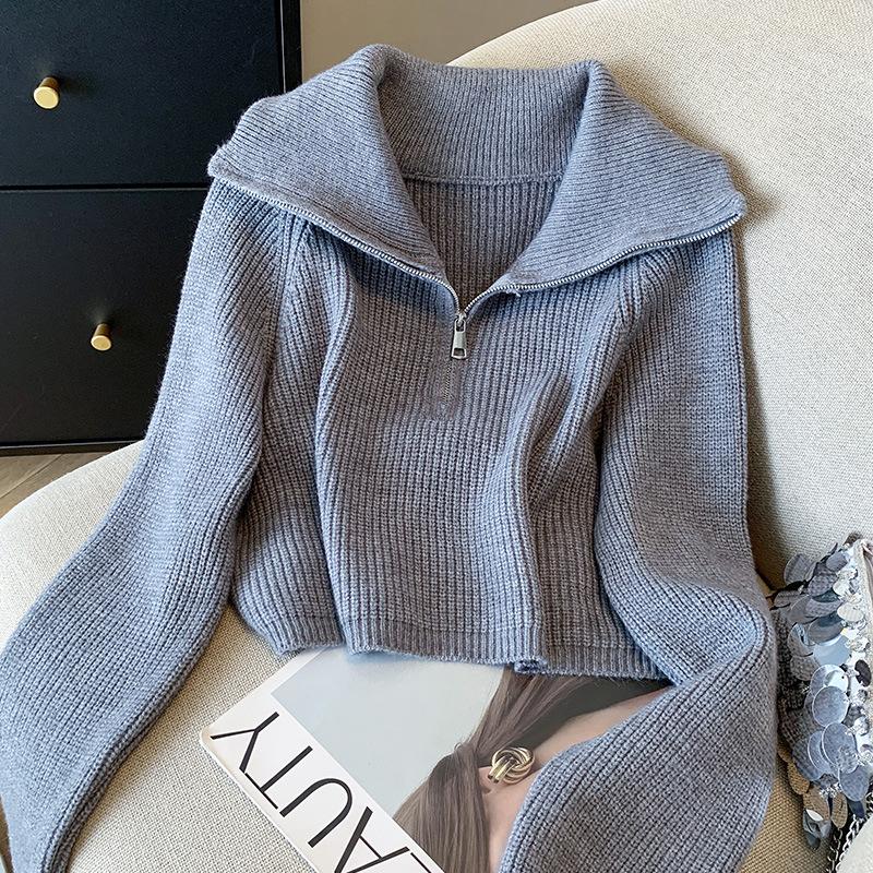 

Свитер с полумолнией для женщин на осень и зиму, свободный свитер с ленивыми лацканами, новый короткий топ в корейском стиле one size fits all