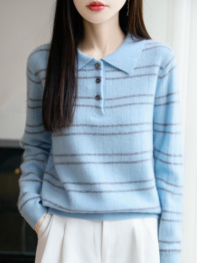 2025 Fall Women's Pure Wool Casual Stripe Polo Collar Long Sleeve Sweater