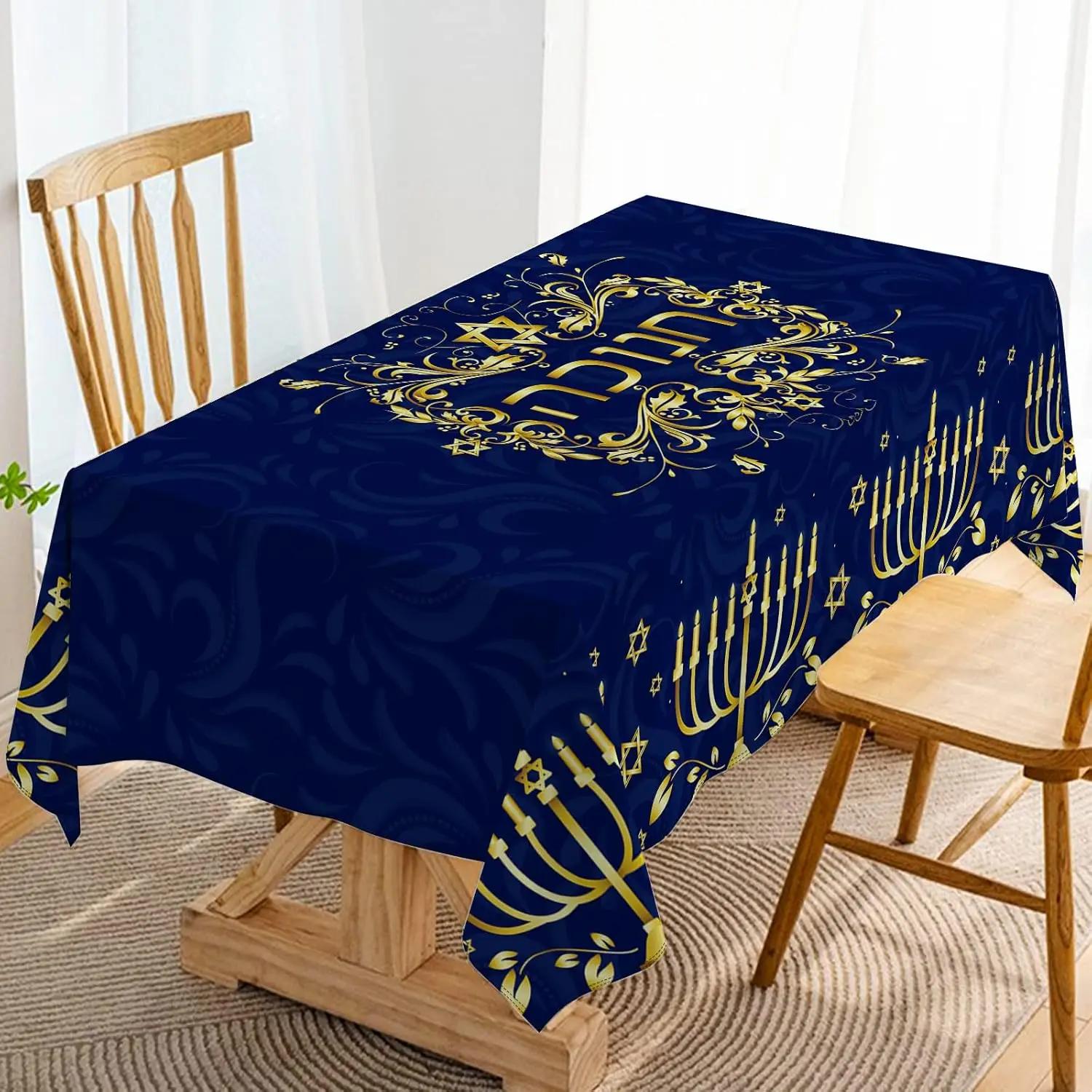 Hanukkah Rechthoekige Waterdichte Tafelkleed Joodse Chanukah Menora Feestdecoratie Festival van de Lichten Eetkamer Tafeldecoratie 140x140cm