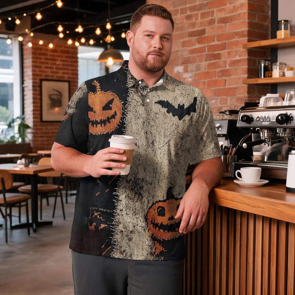 Men's Big Size Halloween Print Golf Polo Shirt Breathable Short Sleeve Casual Workwear Top Comfortable Fit