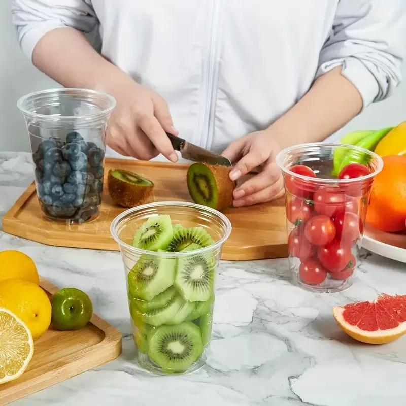 Plastic Beverage Cups with Lids Disposable Cold Drink Containers for Milk Tea Juice Iced Coffee Ice Cream Dessert Party Supplies