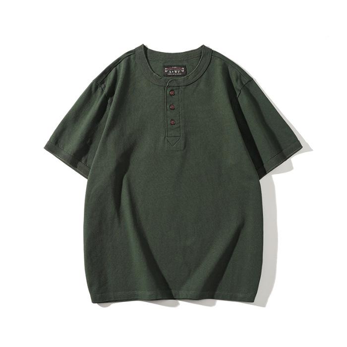 Retro Henry Neck Shirt Men's Short-sleeved T-shirt Summer Trendy Loose Large-size Pure Cotton Shirt