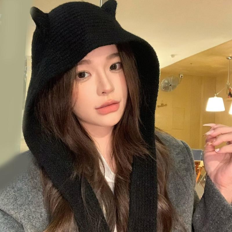 Lovely Devil Ear Knit Hat With Neck Wrap Breathable Pullover Hat For Women Daily Outfit and Outdoor Cycling Walking