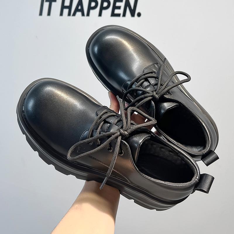 British style round head small leather shoes men's 2025 autumn and winter new Japanese thick heel big head lace-up single shoes 6112-A