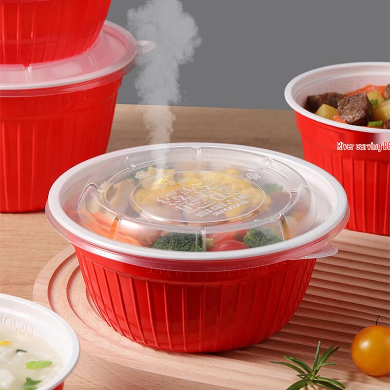 Xisenchu Disposable Red and White Corrugated Takeout Bowls with Lids