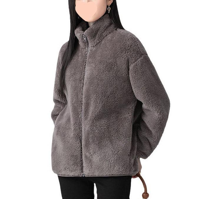 Women's Gray Double-Sided Fleece Hoodie Jacket, Plus Velvet, Thickened, Windproof Stand Collar, Long Sleeve, Warm Outerwear for Autumn/Winter
