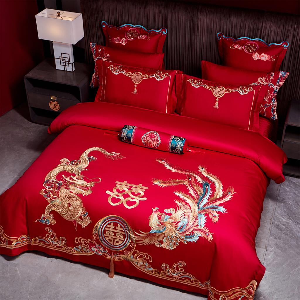 Chinese Style Wedding Cotton Four Piece Set, High-end and Chinese Style Embroidery Wedding Bedding, Perfect for Couples