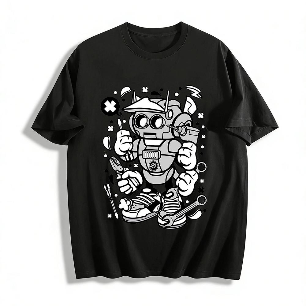 Funny Repair Robot Print Trendy Casual Unisex Short Sleeve T-Shirt Pure cotton T-shirt