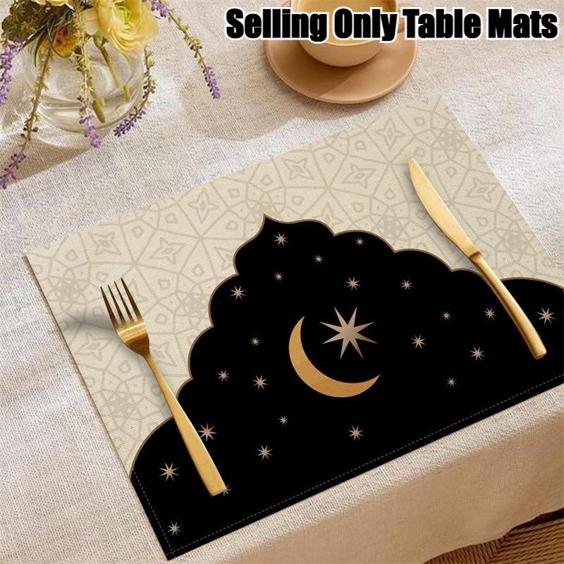 4/2 Stück Happy Ramadan Laterne und Mond Tischsets Festliche Atmosphäre Dekoration Leinen Tischgeschirr Matte Hitzebeständig