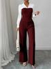 Completo 2 pezzi stile europeo da donna 2026: camicia a V con patchwork in vita e pantaloni