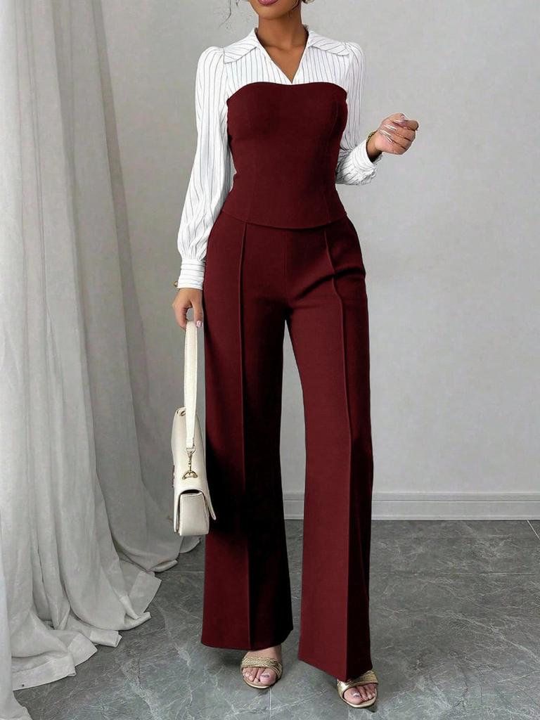 Completo 2 pezzi stile europeo da donna 2026: camicia a V con patchwork in vita e pantaloni