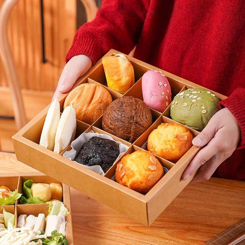 Nine-Square Grid Takeout Hot Pot Packaging Box Retro Kraft Paper Baking Dessert Cake Picnic Box