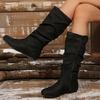 Spring Autumn New Women's Wrinkled Round Toe Flat Heel Side Zipper High-Top Casual Fashion Boots Elegant Versatile